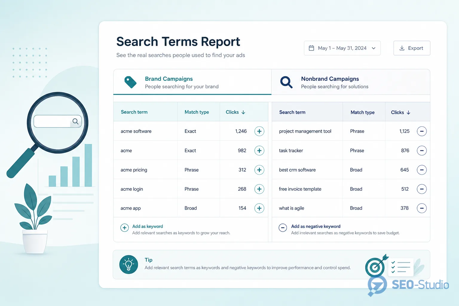 Broad Phrase Exact в Google Ads что выбрать 3 Таблица Search terms с пометками добавить как ключ или минус-слово
