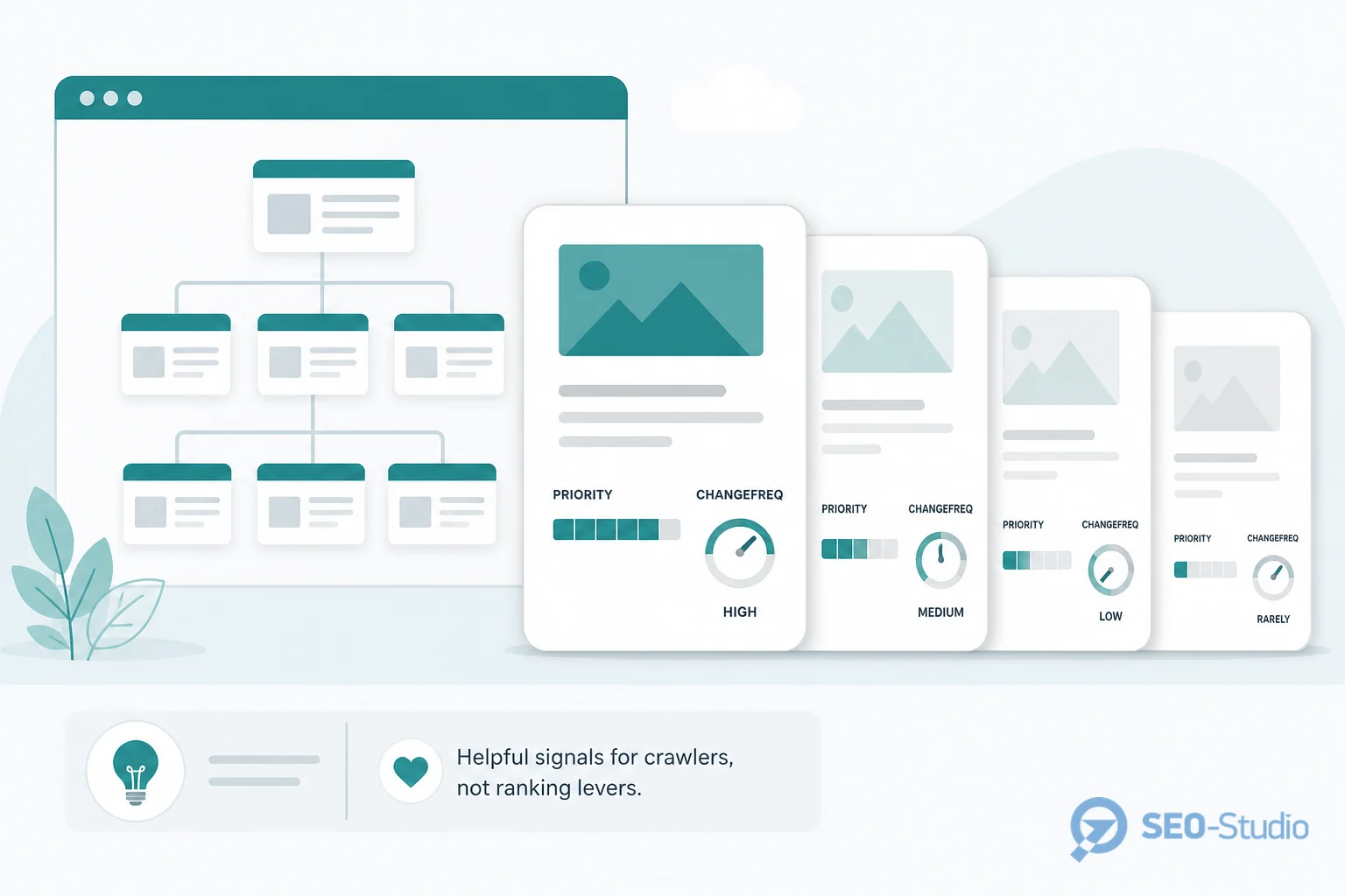 XML-карта сайту: структура, пріоритети та кілька sitemap 3 Картки сторінок з різними рівнями priority у XML sitemap