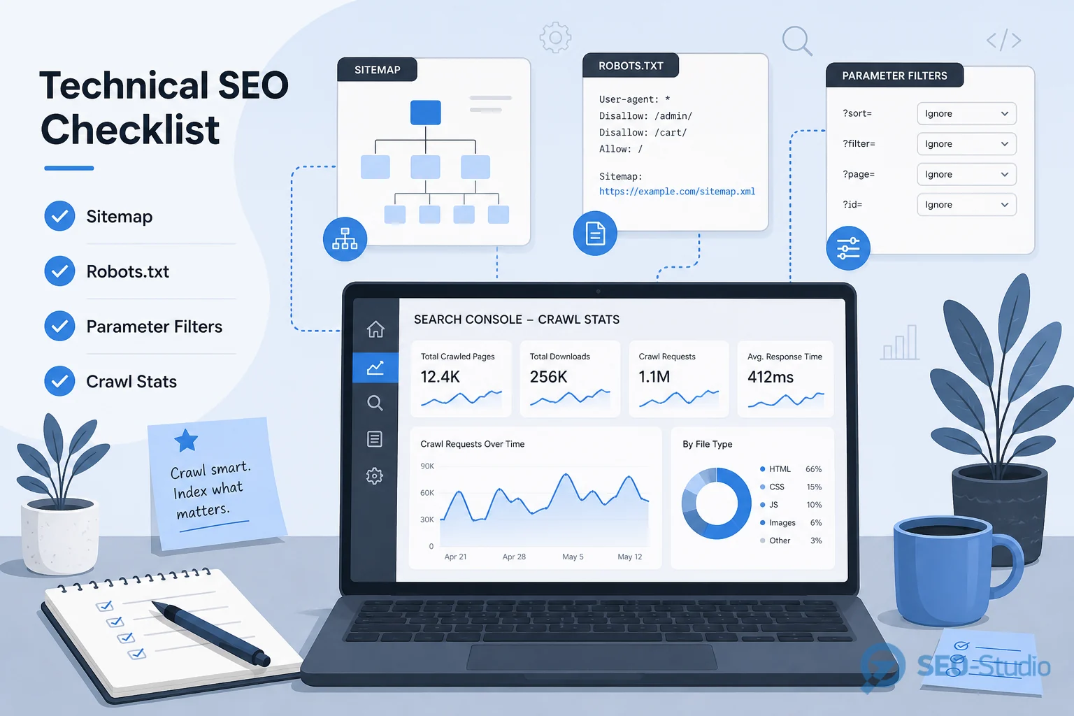 Crawl budget что это и что на него влияет 2 Ноутбук с sitemap, robots.txt и отчётами сканирования Search Console