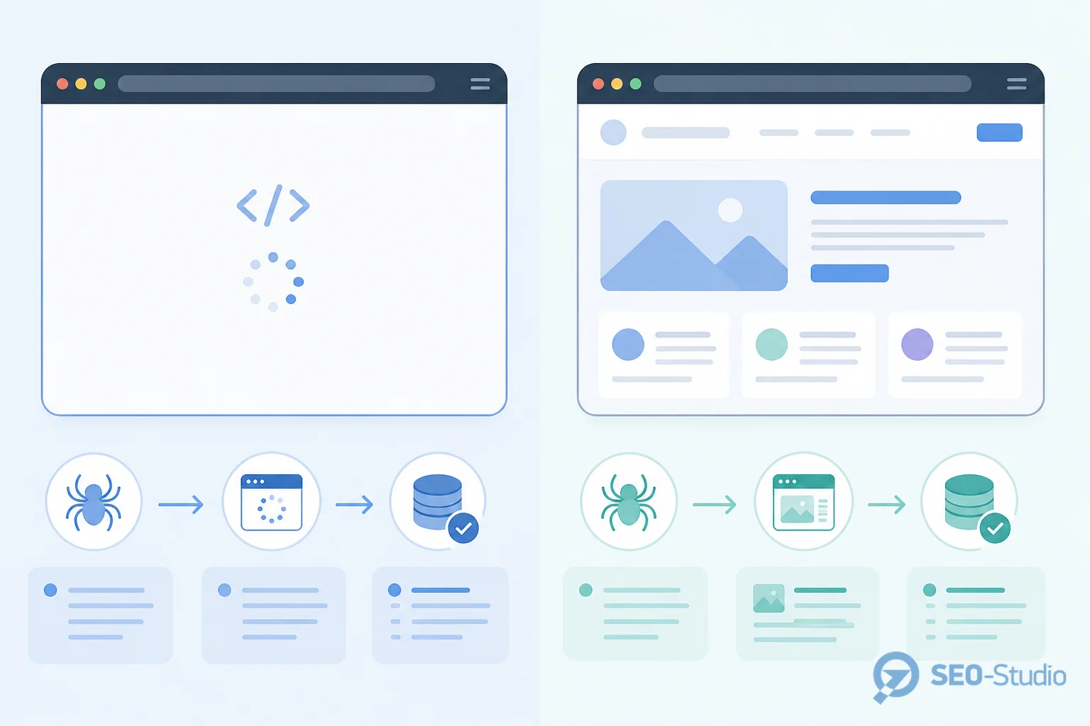 Индексация JavaScript-сайтов: что проверять в Search Console 1 Сравнение клиентского рендеринга с пустым контентом и серверного HTML, готового для краулера