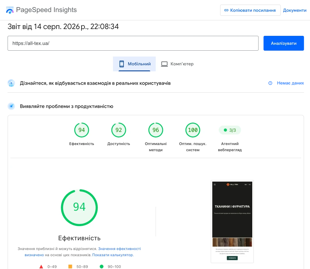 PageSpeed Insights all-tex.ua — Performance 94