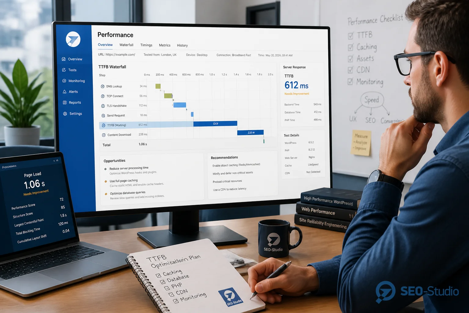 Database bloat revisions і TTFB у WordPress 3 Ноутбук з PageSpeed Insights і Query Monitor біля графіка TTFB