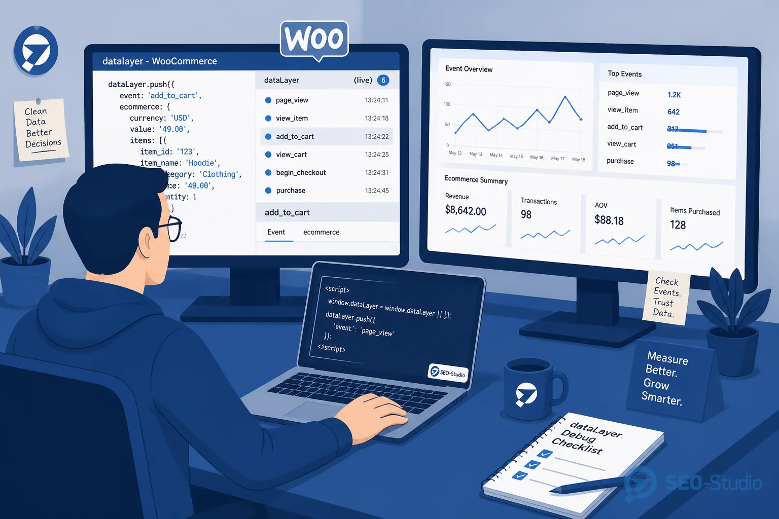 Ноутбук с GTM и схемой ecommerce dataLayer для WooCommerce