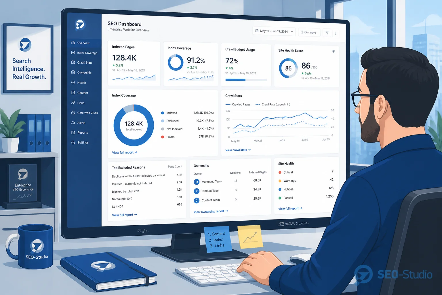 Enterprise SEO для 10k+ URL процессы и governance 4 Дашборд KPI индексации, crawl и органического трафика по шаблонам