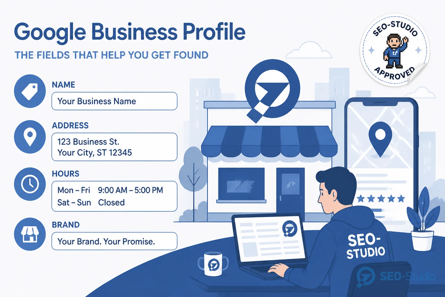 Ноутбук с формой редактирования полей Google Business Profile на столе