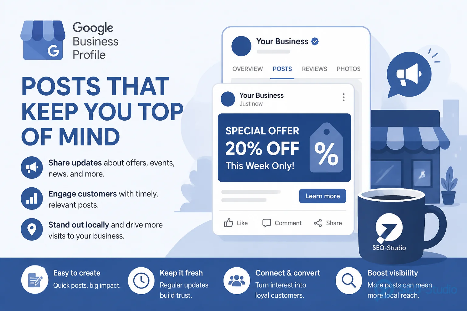 Google Business Profile повний чекліст 2026 3 Смартфон зі стрічкою постів і пропозицій локального бізнесу
