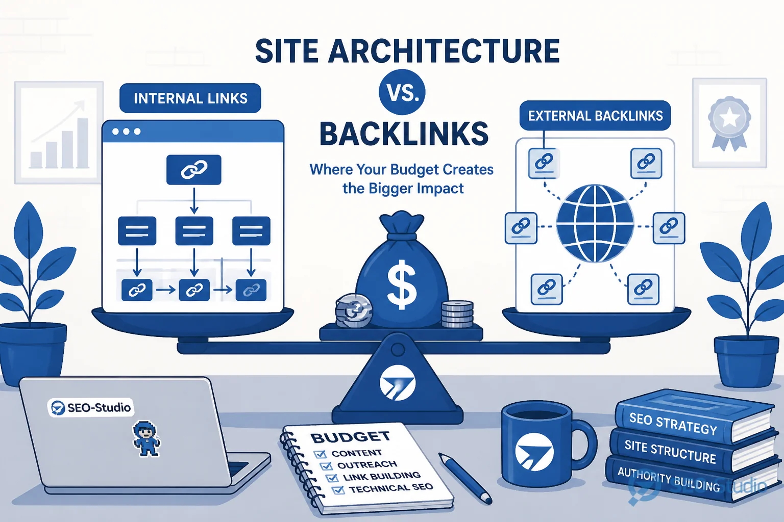 Ваги з внутрішніми лінками і зовнішніми backlinks біля бюджетної таблиці