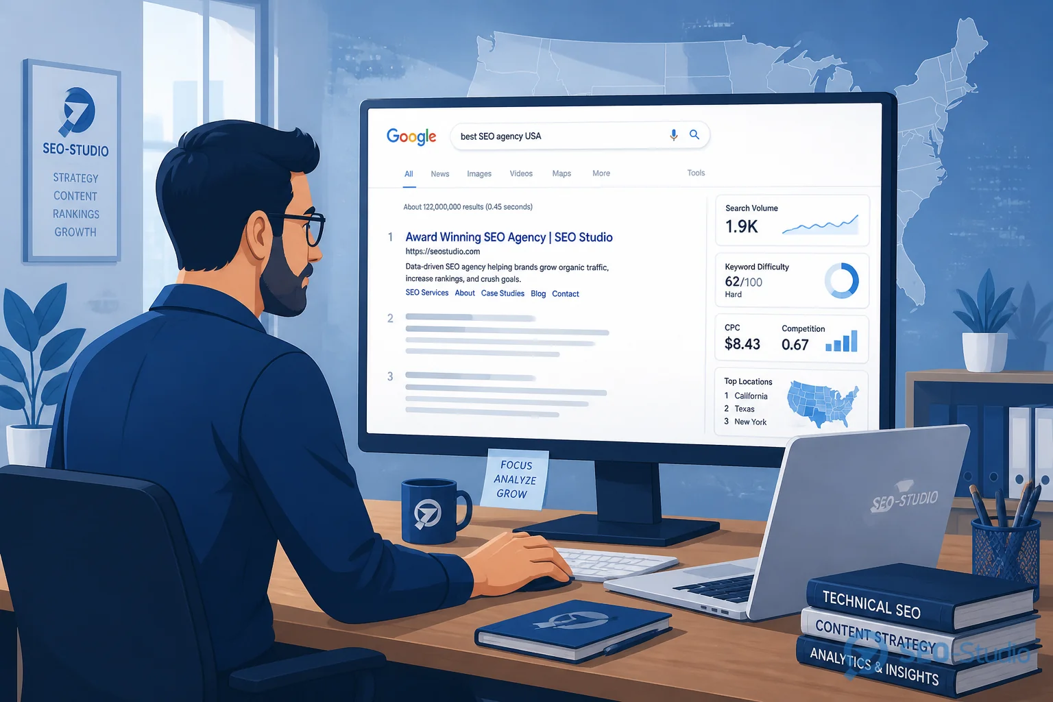 Аналитик сравнивает выдачу Google США на мониторе с инструментами SERP