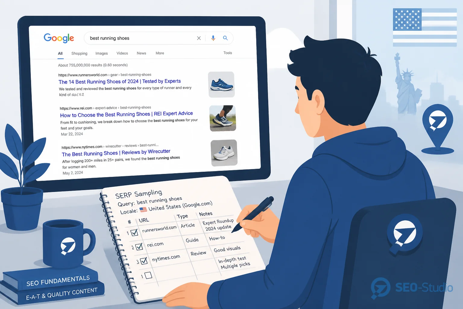 Ноутбук с инкогнито Google.com и таблицей ручной разметки топ-10