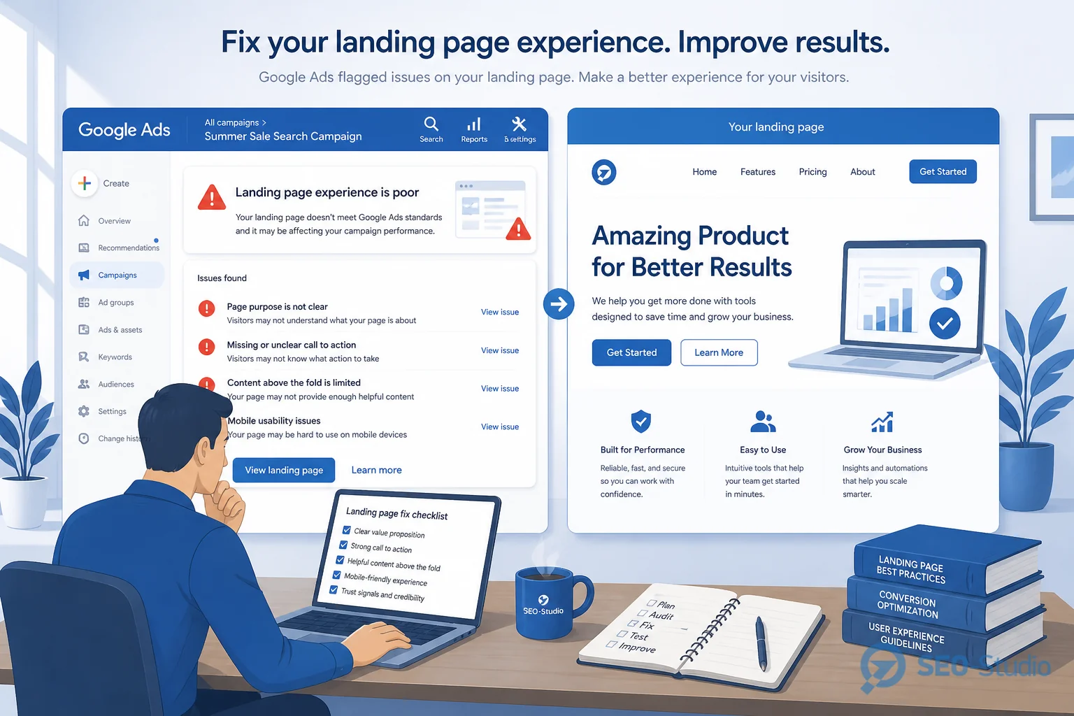 Екран Google Ads з оцінкою Landing page experience і схемою посадкової