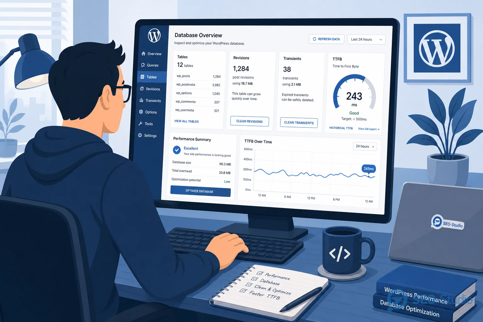 Администратор у монитора с графиком размера таблиц wp_posts и TTFB