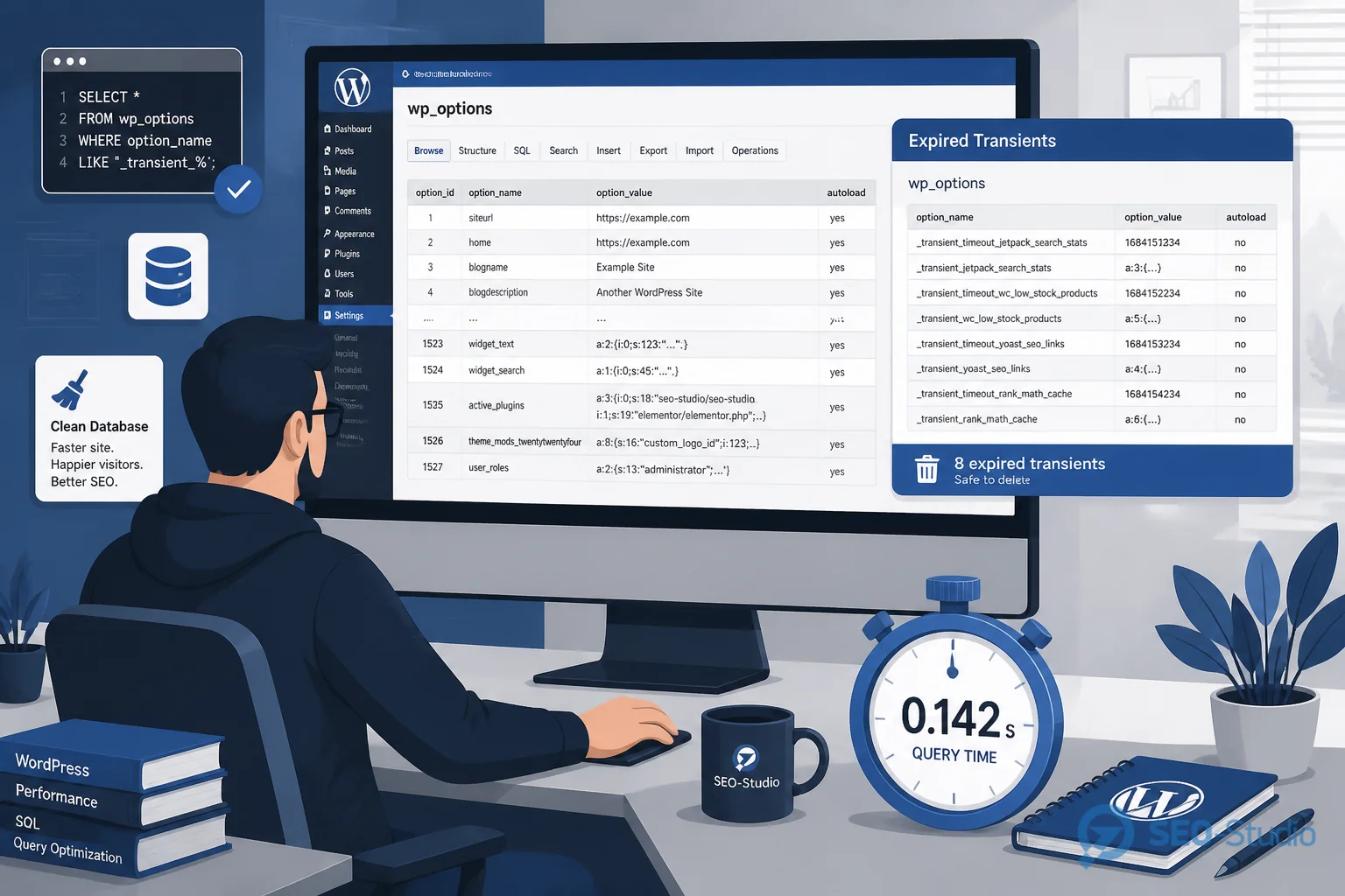 Database bloat revisions и TTFB в WordPress 2 Таблица wp_options с выделенными transient-ключами и autoload=yes