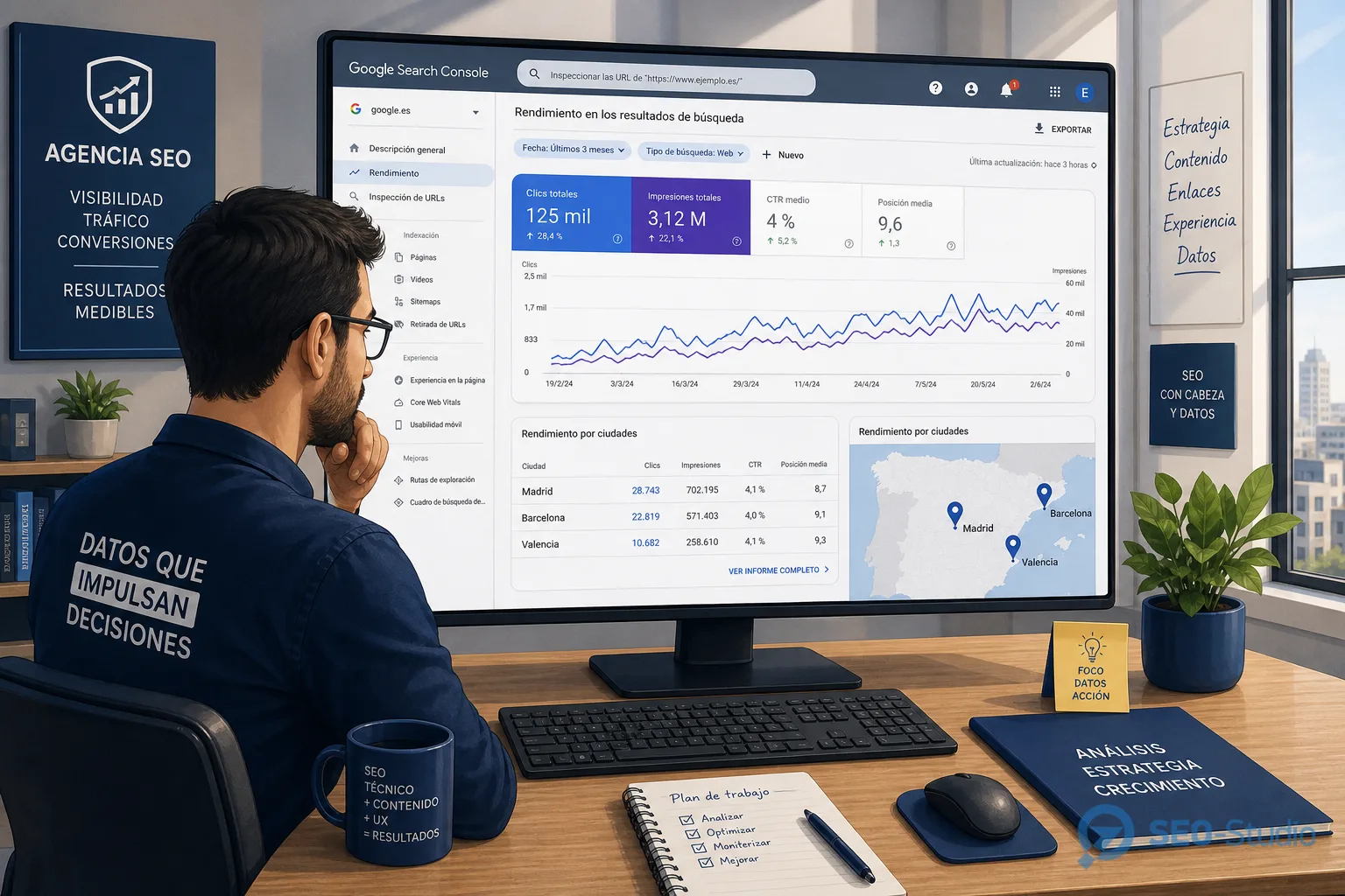 Спеціаліст SEO біля монітора з картою Португалії та Search Console для google.pt
