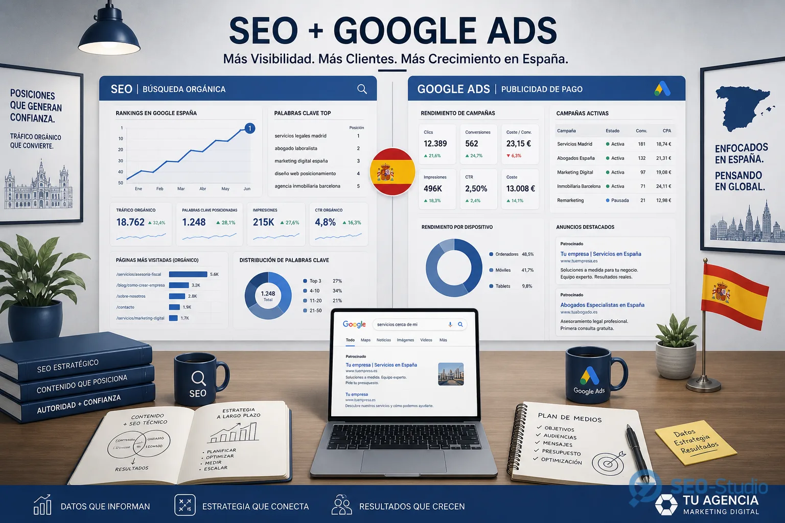 SEO продвижение в Испании 4 Рабочее место с органическими графиками и доской Google Ads кампаний для Испании