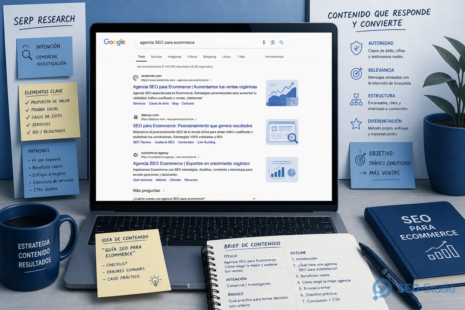 SEO просування в Іспанії 3 Ноутбук з іспаномовною видачею Google і нотатками контент-брифу