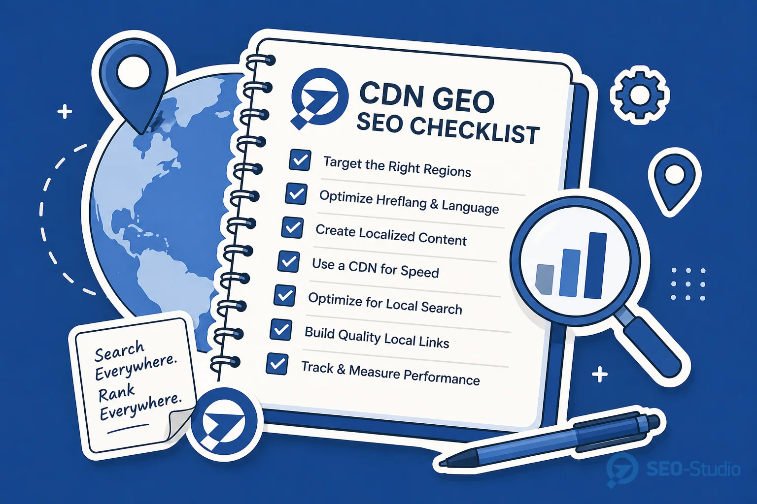 CDN geo-routing і контент для бота 4 Чекліст CDN і SEO поруч із ноутбуком і edge-дашбордом