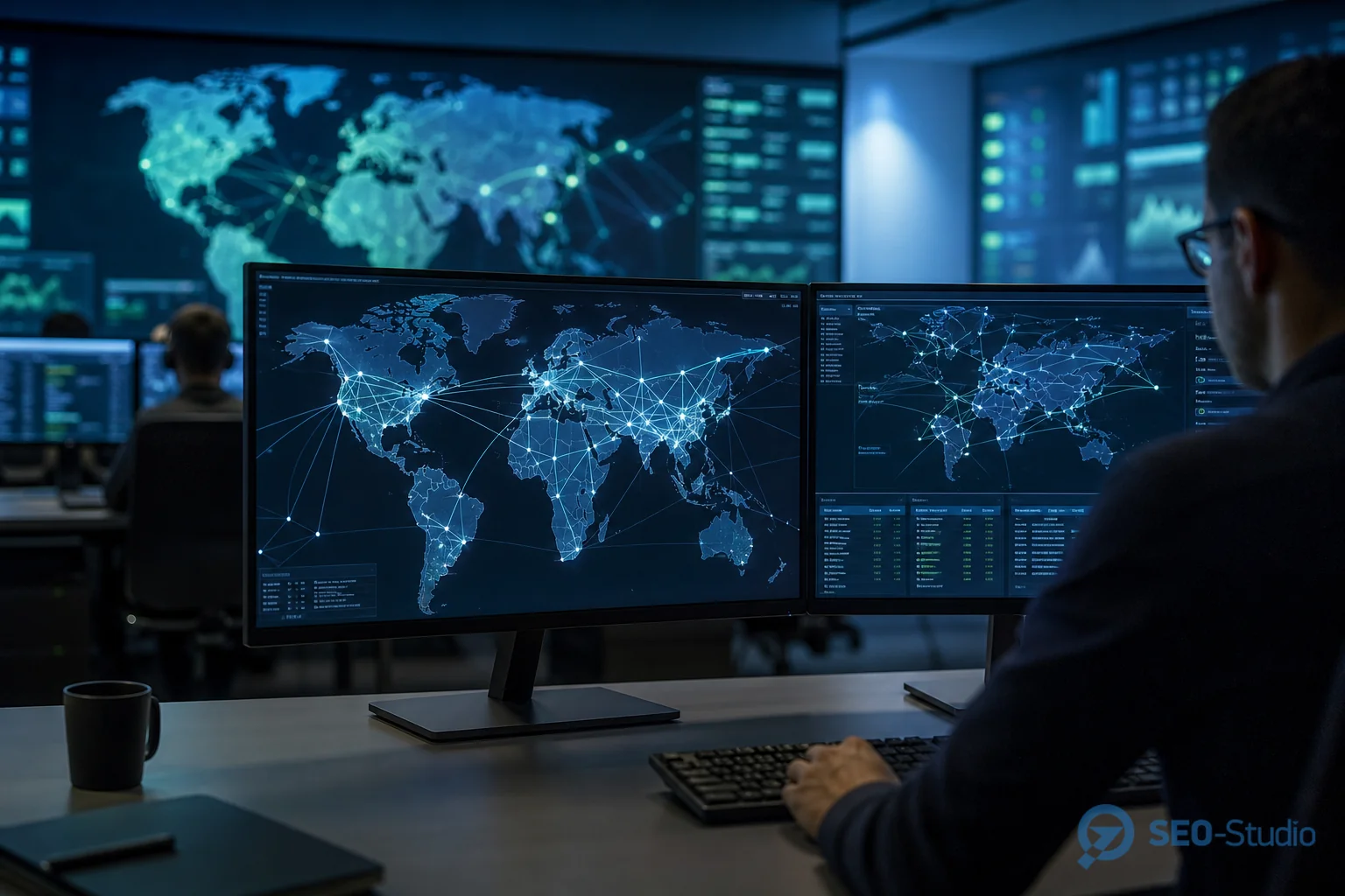 Мониторы с сетевой картой CDN в серверной комнате с голубым светом