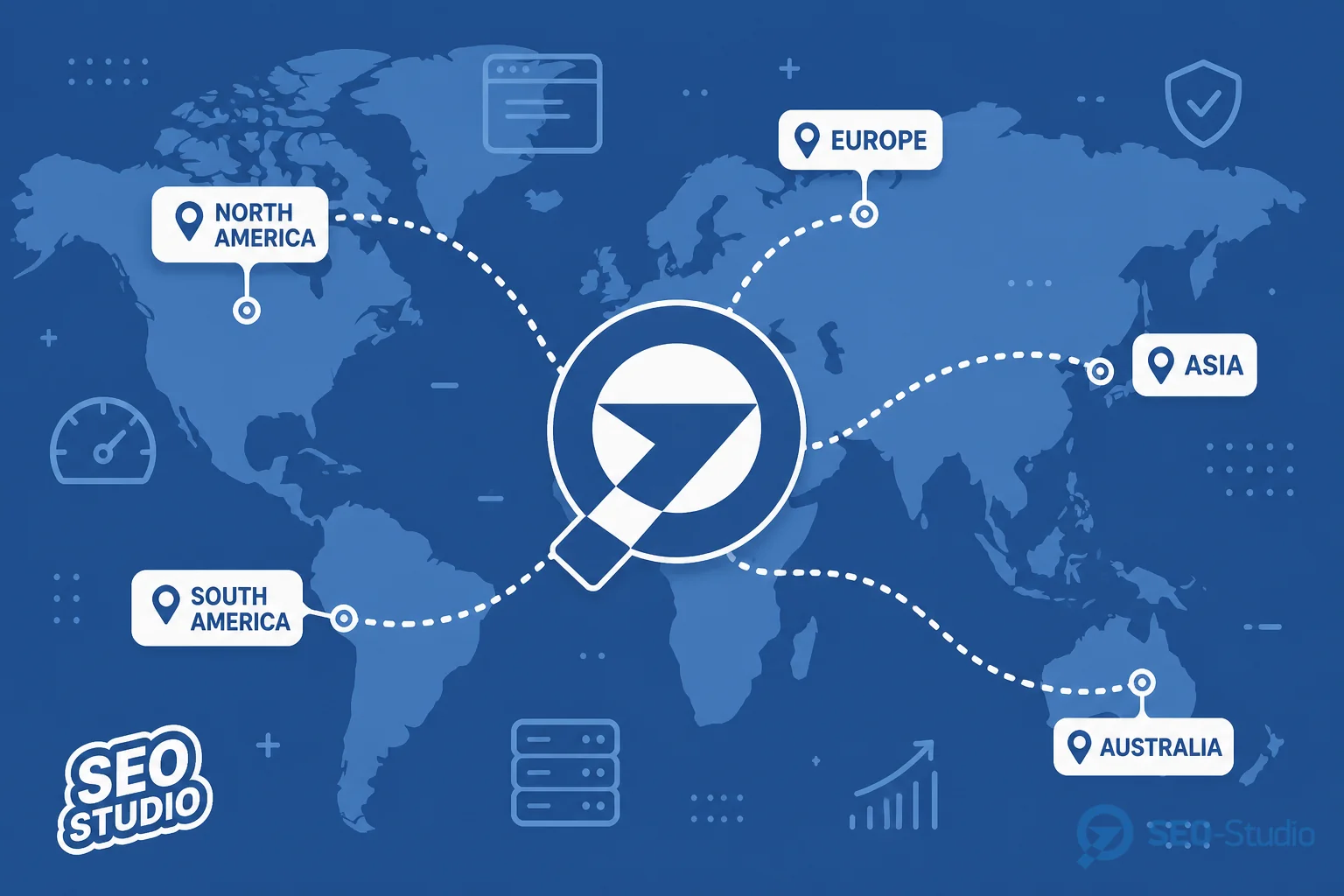 CDN geo-routing і контент для бота 1 Монітор зі схемою geo-routing CDN і ноутбук з трасуванням маршрутів