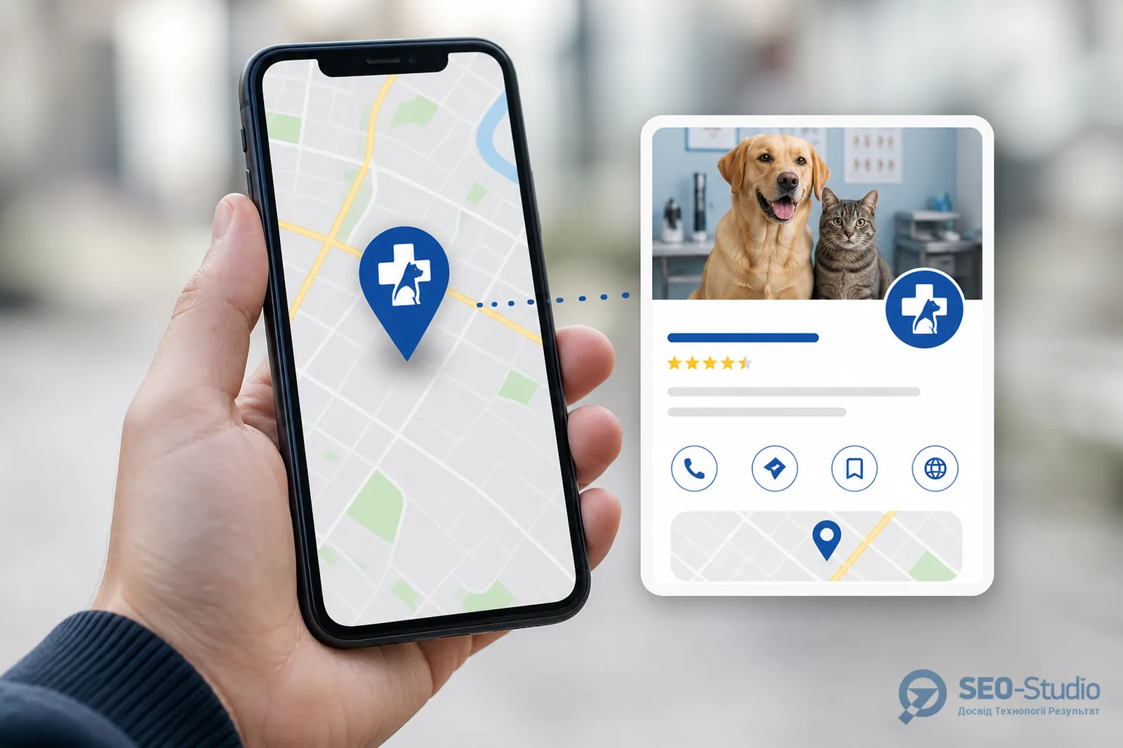 Карта города с маркером ветклиники и Google Business Profile на смартфоне