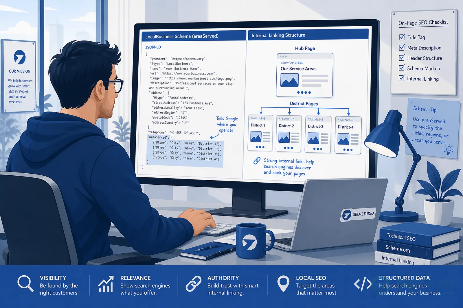 Локальные посадочные под район и город без doorway 3 LocalBusiness areaServed и внутренние ссылки между hub и районами