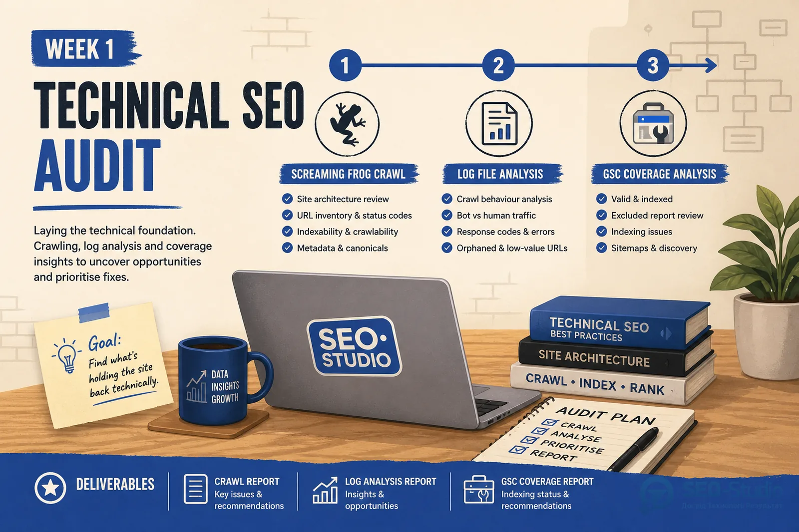 SEO-аудит на 2 тижні scope що входить а що ні 2 Screaming Frog crawl log analysis і GSC coverage на timeline