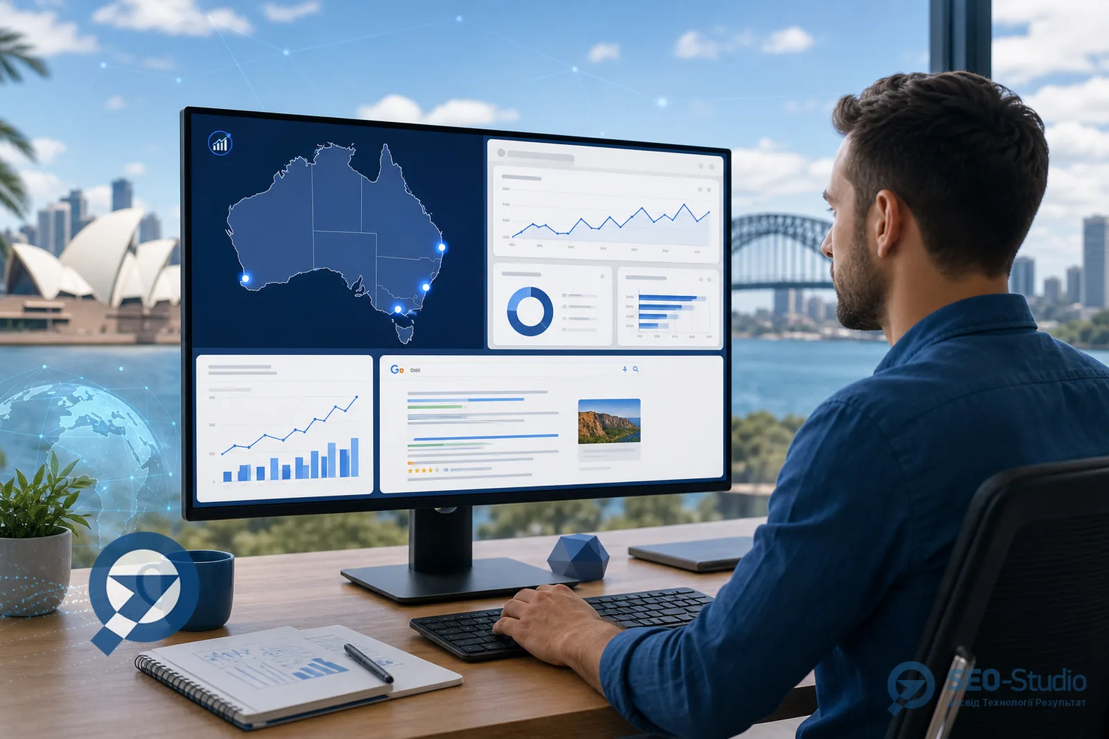 Спеціаліст SEO біля монітора з картою Австралії та Search Console для google.com.au