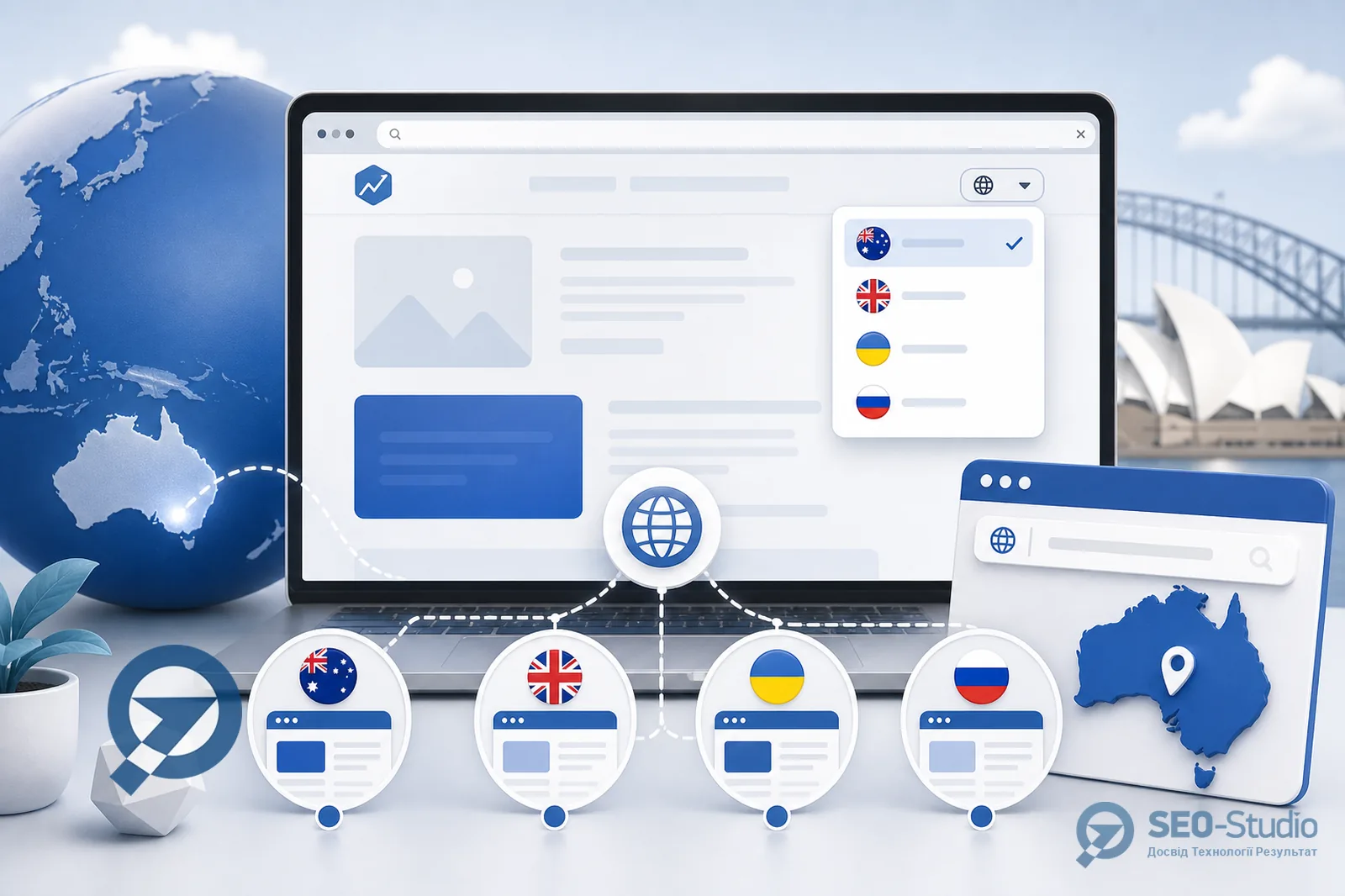 SEO просування в Австралії 1 Екран з перемикачем en-AU і налаштуваннями hreflang