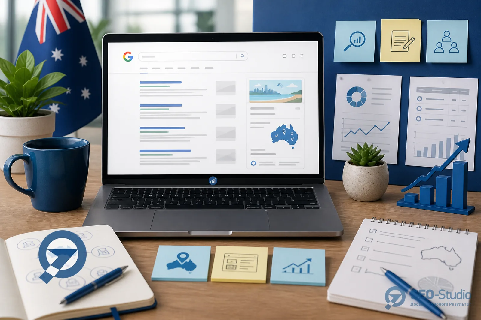 SEO просування в Австралії 3 Ноутбук з видачею Google і нотатками контент-брифу