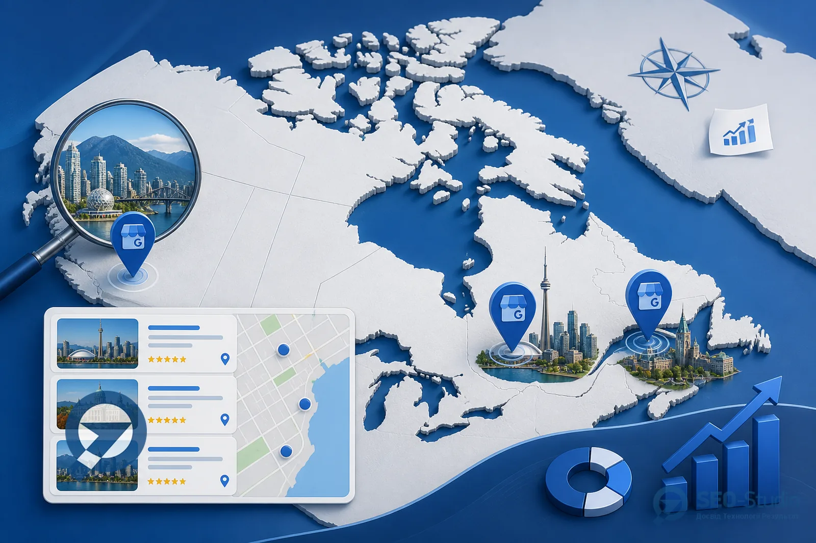 SEO продвижение в Канаде 2 Карта с GBP для Toronto, Montreal и Vancouver