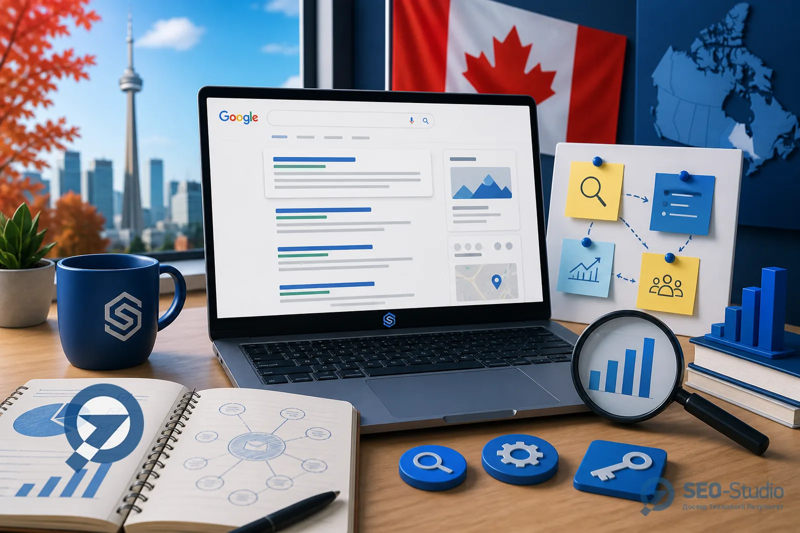 SEO продвижение в Канаде 3 Ноутбук с выдачей Google и заметками контент-брифа
