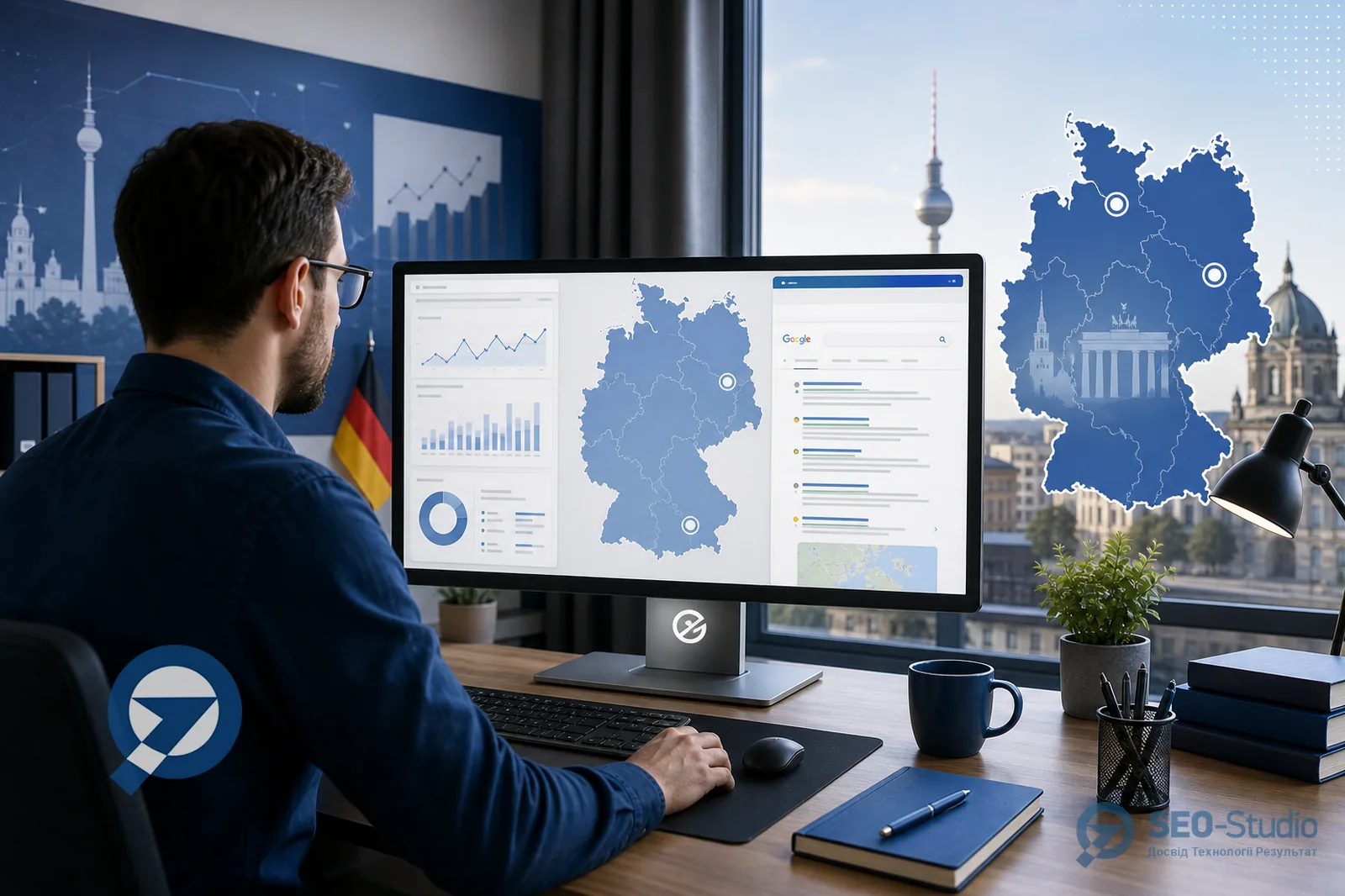 Специалист SEO у монитора с картой Германии и Search Console для google.de