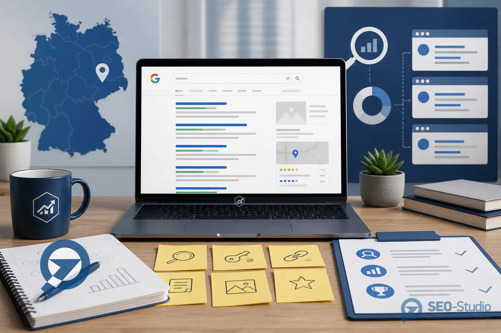 Ноутбук с выдачей Google и заметками контент-брифа