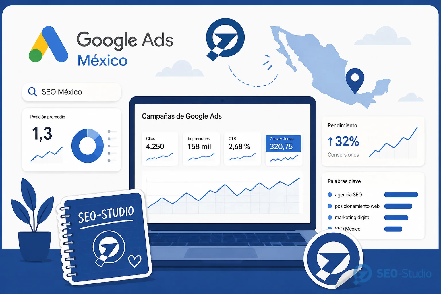 Рабочее место с органикой и Google Ads кампаниями для Мексики