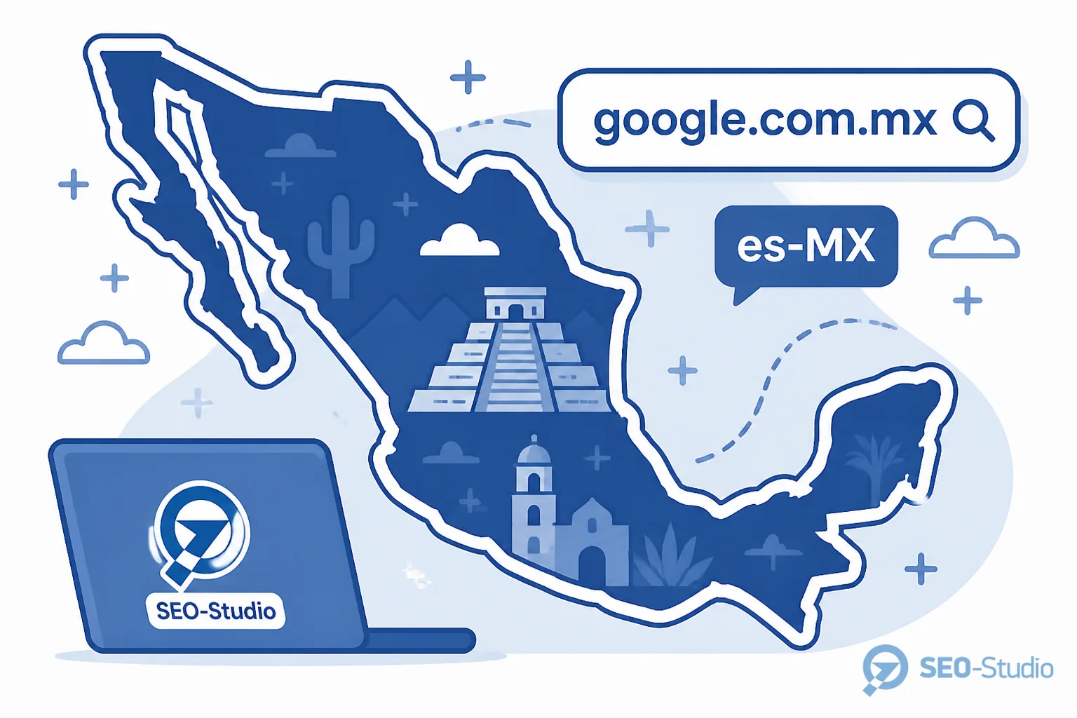 Специалист SEO у монитора с картой Мексики и Search Console для google.com.mx