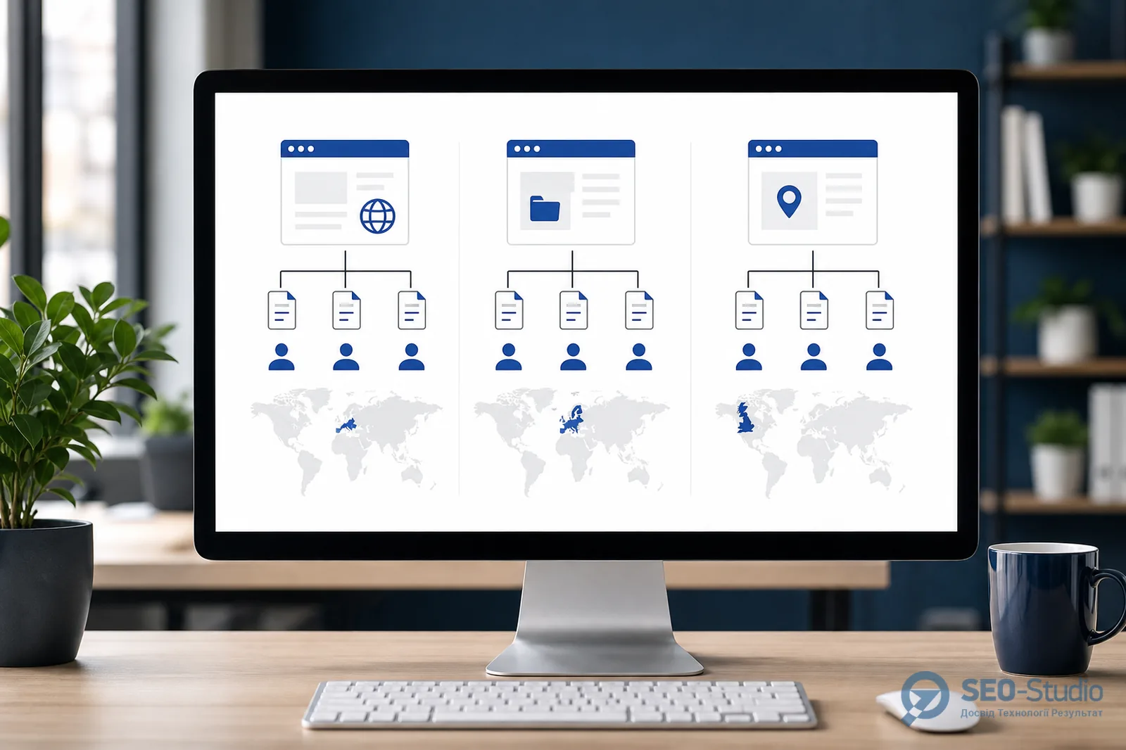 Вибір ccTLD, піддомену чи підкаталогу 1 Діаграма порівняння ccTLD de.example.com і example.com/de на моніторі