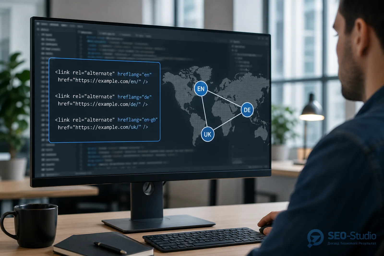Вибір ccTLD, піддомену чи підкаталогу 2 Код hreflang на екрані поруч із картою мовних версій сайту