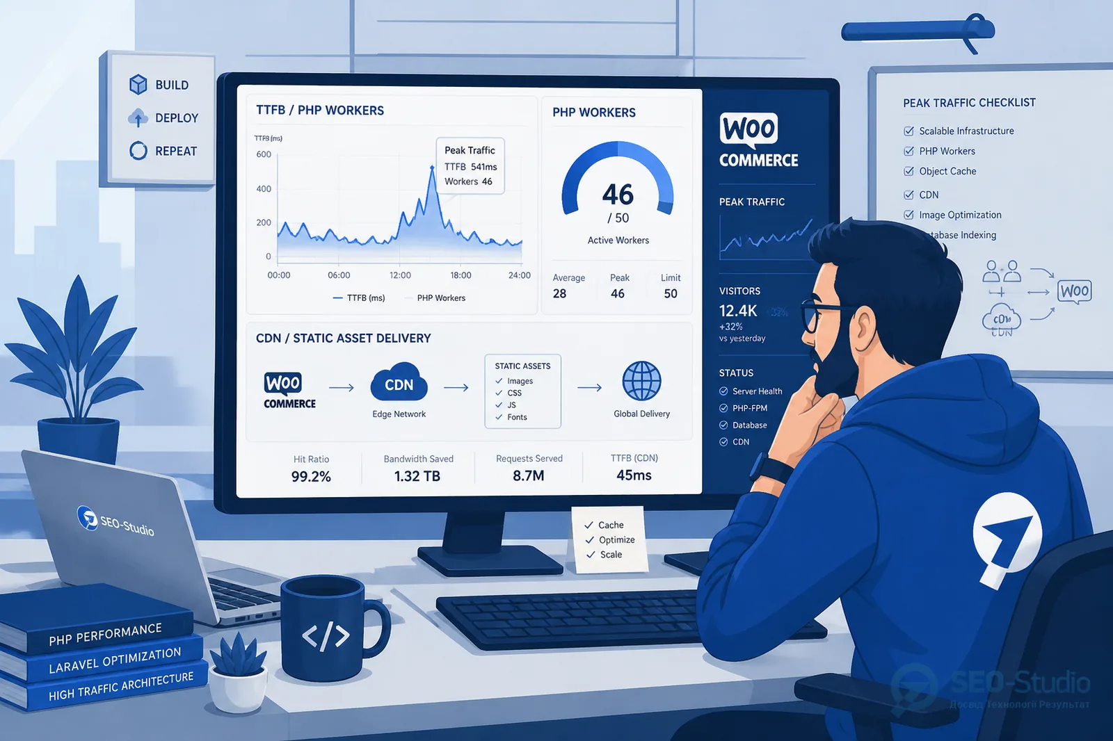 WooCommerce performance чек-лист до чёрной пятницы 3 График TTFB PHP workers и CDN для статики WooCommerce