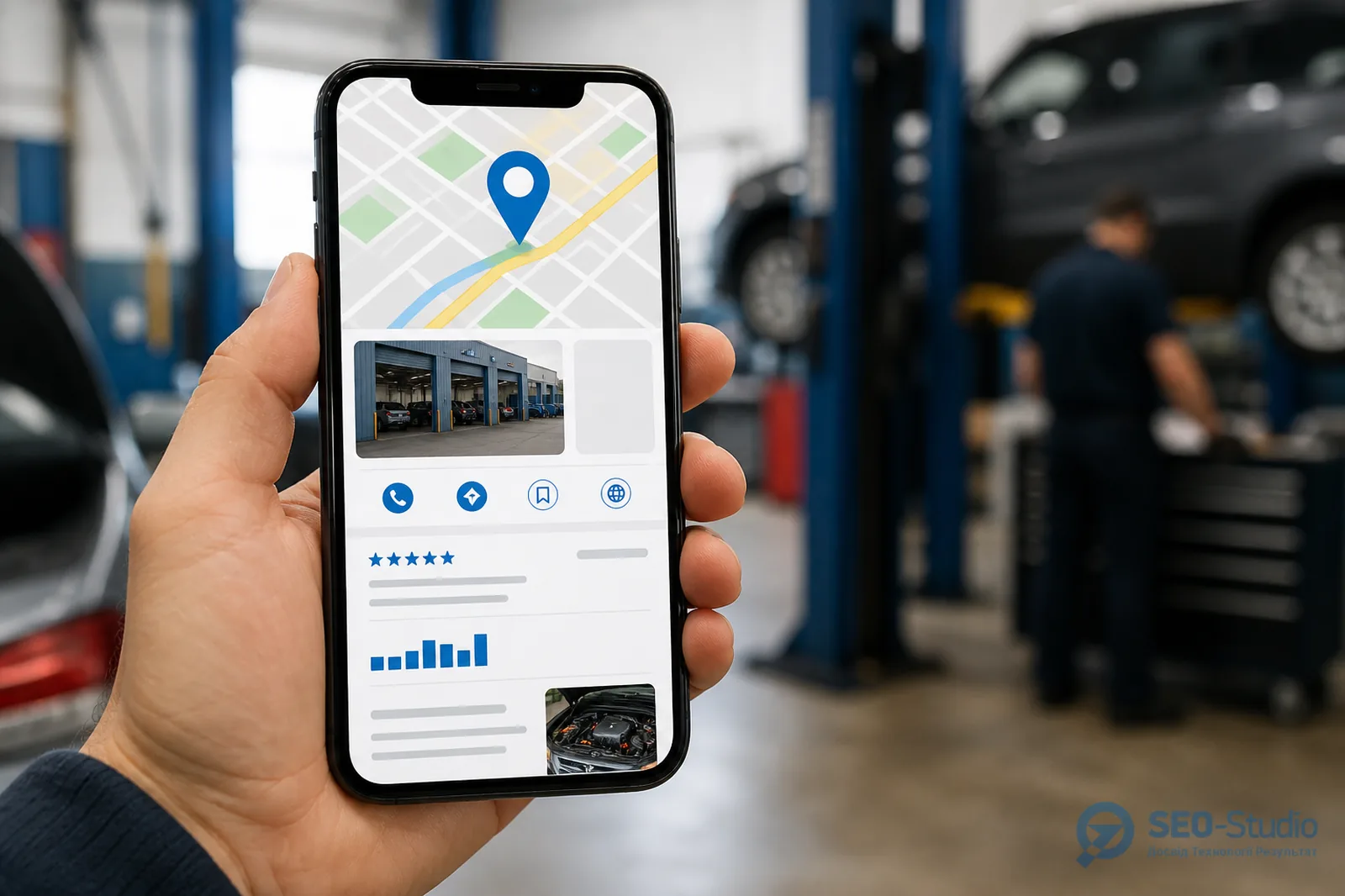 Карта з маркером автосервісу і Google Business Profile на телефоні